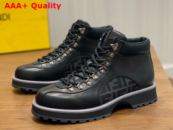 Fendi Lace Up Boot in Black Calfskin and FF Jacquard Fabric Details Replica