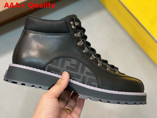 Fendi Lace Up Boot in Black Calfskin and FF Jacquard Fabric Details Replica