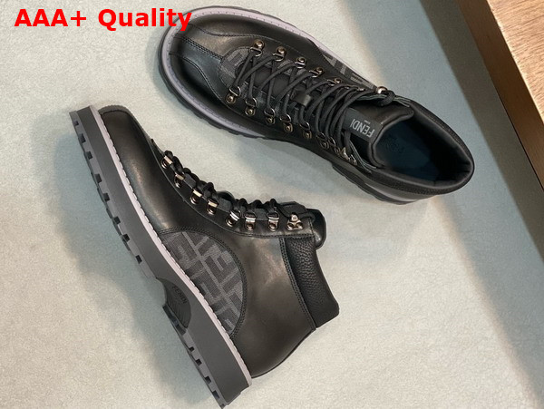 Fendi Lace Up Boot in Black Calfskin and FF Jacquard Fabric Details Replica