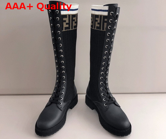 Fendi Lace Up High Boot in Black Leather and Stretch Fabric Replica