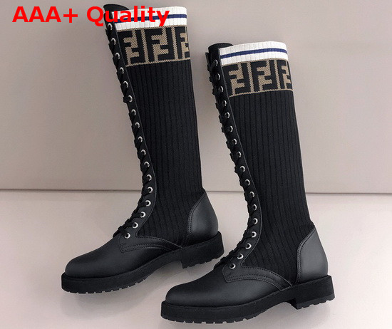 Fendi Lace Up High Boot in Black Leather and Stretch Fabric Replica