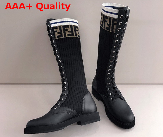 Fendi Lace Up High Boot in Black Leather and Stretch Fabric Replica