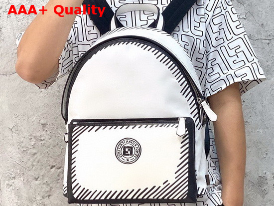 Fendi Large Backpack with Front Pocket White Nappa Leather with Black Fendi Stamp Replica