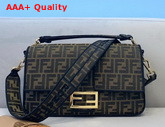 Fendi Large Baguette Bag in Brown Jacquard Fabric with an FF Motif and Black Calf Leather Trim Replica
