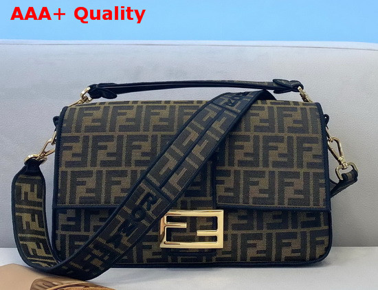 Fendi Large Baguette Bag in Brown Jacquard Fabric with an FF Motif and Black Calf Leather Trim Replica