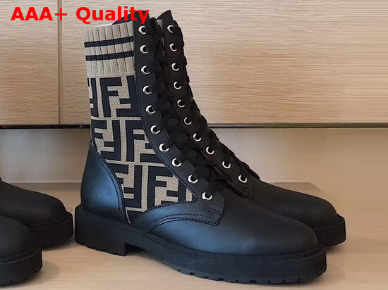 Fendi Leather Biker Boots Black Calf Leather with FF Motif Print Stretch Fabric Replica