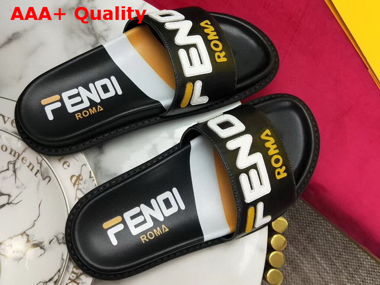 Fendi Leather Slides in Black with Fendi Motif Replica