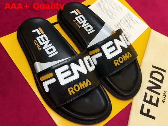 Fendi Leather Slides in Black with Fendi Motif Replica