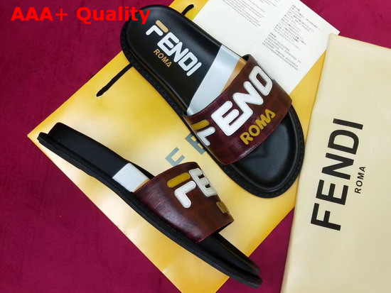 Fendi Leather Slides in Burgundy with Fendi Motif Replica