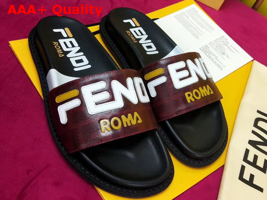 Fendi Leather Slides in Burgundy with Fendi Motif Replica