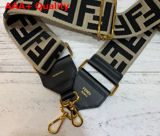 Fendi Long Adjustable Shoulder Strap with Double Clip Beige Canvas with Black Embroidered FF Motif Replica
