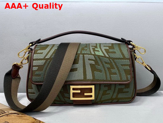 Fendi Medium Baguette Bag Made of Dark Green Canvas with an Embossed Embroidered FF Fish Eye Motif Replica