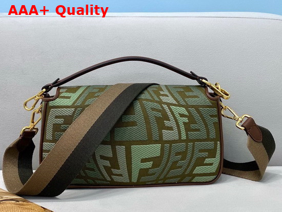 Fendi Medium Baguette Bag Made of Dark Green Canvas with an Embossed Embroidered FF Fish Eye Motif Replica