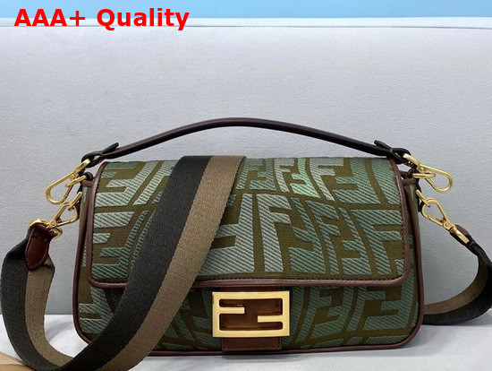 Fendi Medium Baguette Bag Made of Dark Green Canvas with an Embossed Embroidered FF Fish Eye Motif Replica