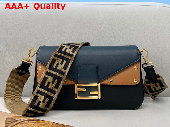 Fendi Medium Baguette Bag in Black Calfskin with Brown Details Replica