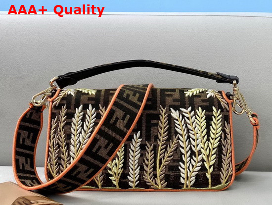 Fendi Medium Baguette Bag in Brown Embroidered Canvas Replica