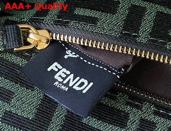 Fendi Medium Baguette Bag in Fabric with a Green Jacquard FF Motif and Multicolor Floral Print and White Cotton Fringes Replica