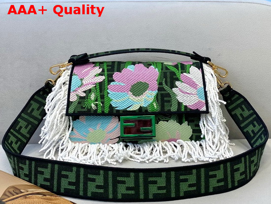 Fendi Medium Baguette Bag in Fabric with a Green Jacquard FF Motif and Multicolor Floral Print and White Cotton Fringes Replica