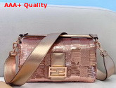 Fendi Medium Baguette Bag in Laminated Pink Leather Decorated with Pink Sequin Pequin Embroidery Replica