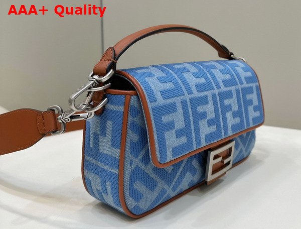 Fendi Medium Baguette Bag in Light Blue Denim with FF Embroidery Replica