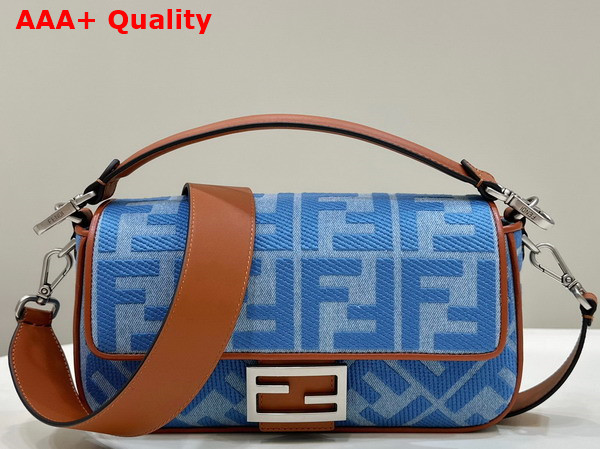 Fendi Medium Baguette Bag in Light Blue Denim with FF Embroidery Replica