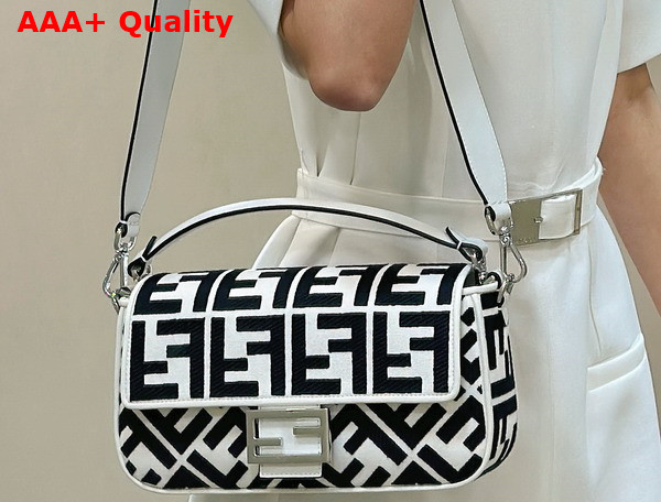 Fendi Medium Baguette Bag in White Canvas with Black FF Motif Replica