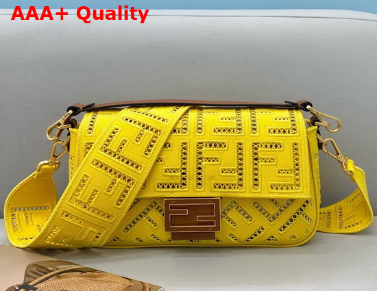 Fendi Medium Baguette Bag in Yellow Canvas with a Jour Embroidered FF Motif Replica