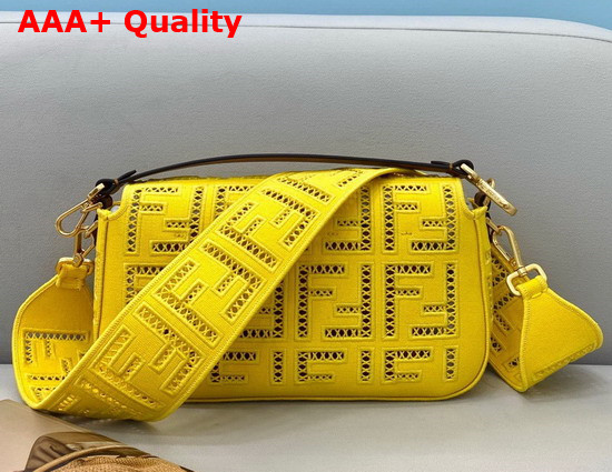 Fendi Medium Baguette Bag in Yellow Canvas with a Jour Embroidered FF Motif Replica
