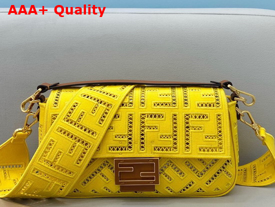 Fendi Medium Baguette Bag in Yellow Canvas with a Jour Embroidered FF Motif Replica
