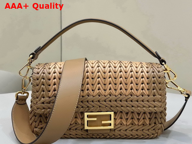 Fendi Medium Baguette Woven Leather Brown and Beige Replica
