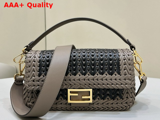 Fendi Medium Baguette Woven Leather Dove Gray and Black Replica