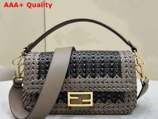 Fendi Medium Baguette Woven Leather Dove Gray and Black Replica