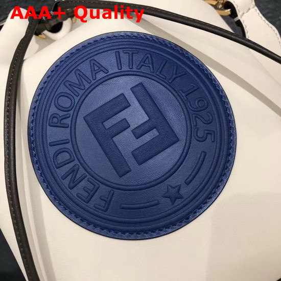 Fendi Medium Mon Tresor Bucket Bag in White with Blue Fendi Stamp Patch Replica