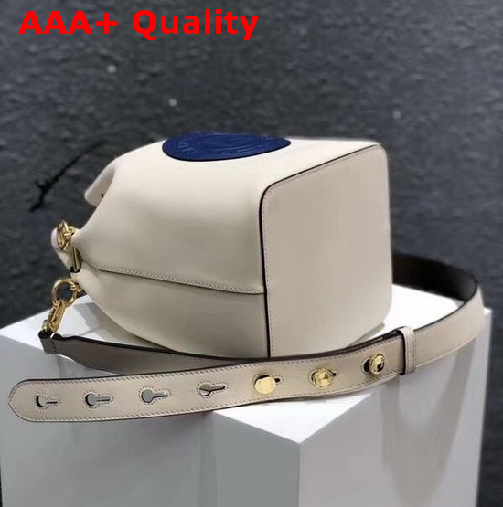 Fendi Medium Mon Tresor Bucket Bag in White with Blue Fendi Stamp Patch Replica