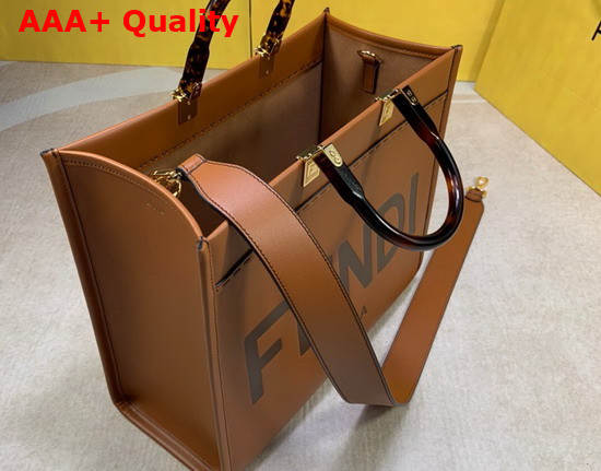 Fendi Medium Sunshine Shopper Bag Made Rrom Brown Leather with Heat Stamped FENDI ROMA and Stiff Tortoiseshell Plexiglass Handles Replica
