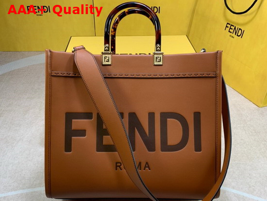Fendi Medium Sunshine Shopper Bag Made Rrom Brown Leather with Heat Stamped FENDI ROMA and Stiff Tortoiseshell Plexiglass Handles Replica