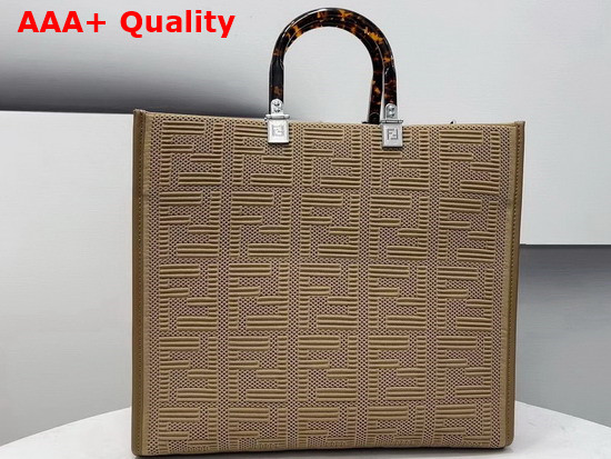 Fendi Medium Sunshine Shopper Bag Made of Beige Technical Mesh with 3D Texture FF Motif and Stiff Tortoiseshell Effect Plexiglass Handles Replica