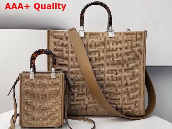 Fendi Medium Sunshine Shopper Bag Made of Beige Technical Mesh with 3D Texture FF Motif and Stiff Tortoiseshell Effect Plexiglass Handles Replica