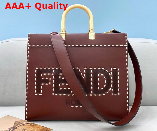Fendi Medium Sunshine Shopper Bag Made of Brown Leather with Hot Stamped FENDI ROMA Embellished with Macro Hand Stitching Replica