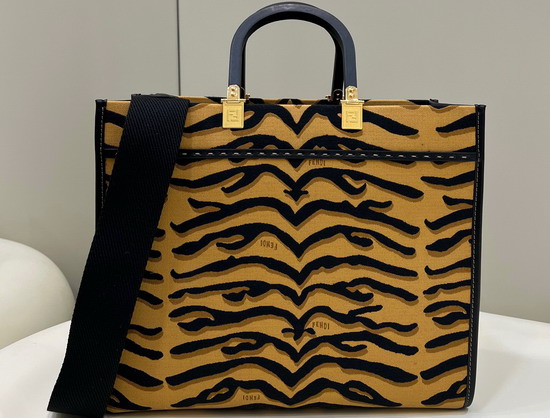 Fendi Medium Sunshine Shopper Bag Made of Jacquard Fabric Featuring the Tiger Motif in Black and Dark Yellow Replica