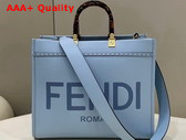 Fendi Medium Sunshine Shopper Bag in Light Blue Leather with Hot Stamped FENDI ROMA Print Replica