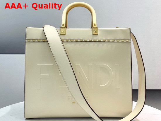 Fendi Medium Sunshine Shopper Bag in Parchment Colored Leather with Embossed FENDI ROMA Lettering and Metal Stitch Replica