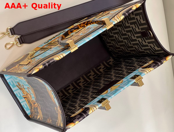 Fendi Medium Sunshine Shopper in Black Leather with Versace Baroque Print Replica