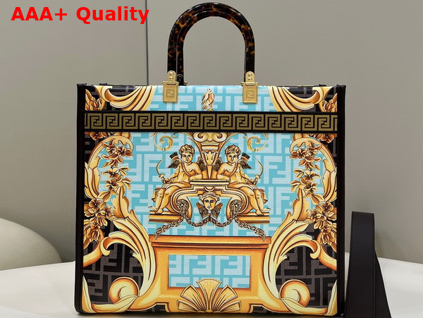 Fendi Medium Sunshine Shopper in Black Leather with Versace Baroque Print Replica