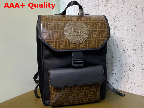 Fendi Men Backpack Black Nylon and Glazed Fabric with Brown FF Motif Replica