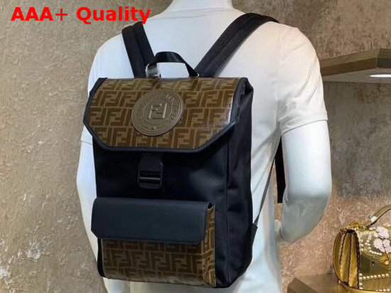 Fendi Men Backpack Black Nylon and Glazed Fabric with Brown FF Motif Replica