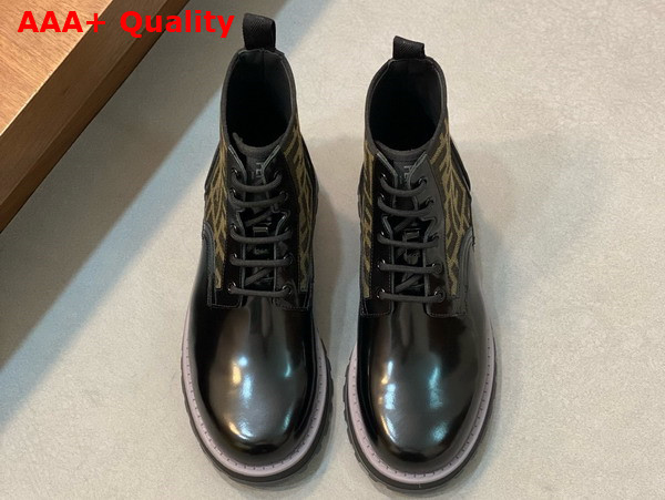 Fendi Mens Biker Boots in Black Glazed Leather and Brown FF Jacquard Fabric Replica