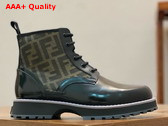 Fendi Mens Biker Boots in Black Glazed Leather and Brown FF Jacquard Fabric Replica