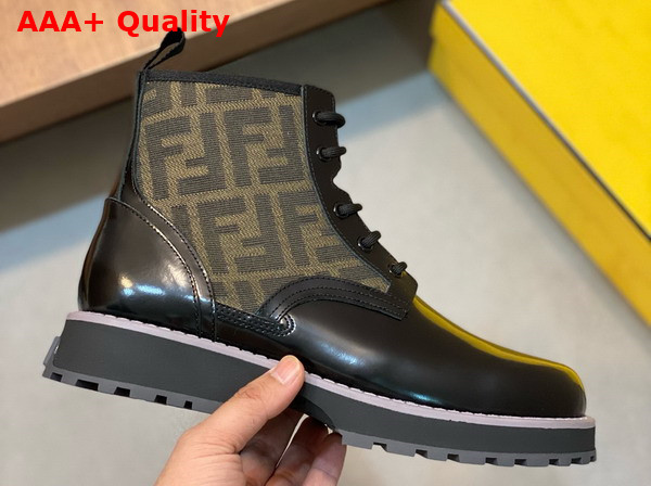 Fendi Mens Biker Boots in Black Glazed Leather and Brown FF Jacquard Fabric Replica