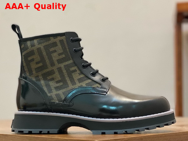 Fendi Mens Biker Boots in Black Glazed Leather and Brown FF Jacquard Fabric Replica